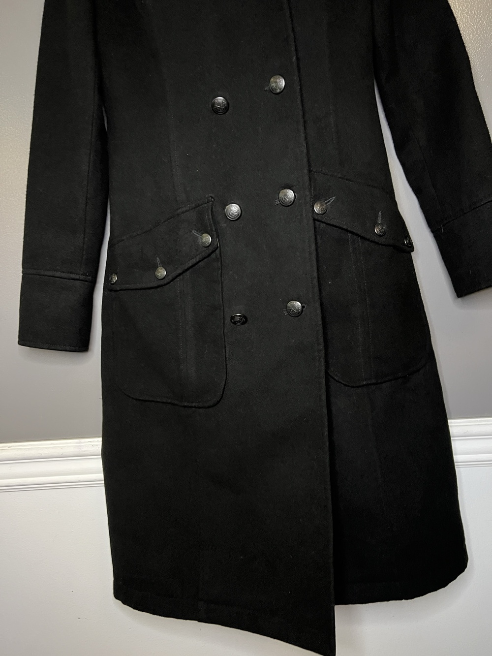 Free People Coat Womens 6 Black Long Double Breasted Military Pockets Lined - Picture 3 of 15